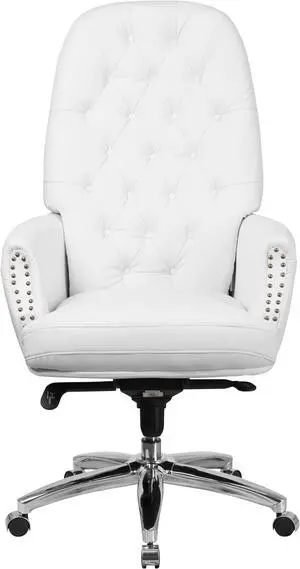 High Back Traditional Tufted White Leather Multifunction Executive Swivel Chair with Arms