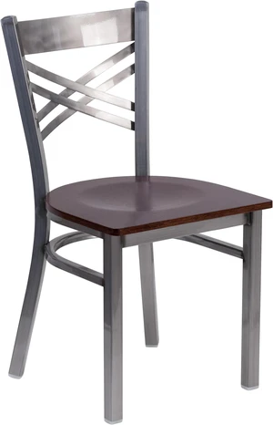 Flash Furniture HERCULES Series Clear Coated ''X'' Back Metal Restaurant Chair - Walnut Wood Seat Flash Furniture HERCULES Series Clear Coated ''X'' Back Metal Restaurant Chair - Walnut Wood Seat