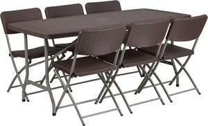 32.5''W x 67.5''L Brown Rattan Plastic Folding Table Set with 6 Chairs