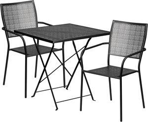 28'' Square Black Indoor-Outdoor Steel Folding Patio Table Set with 2 Square Back Chairs