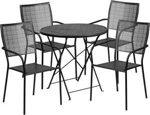 Flash Furniture Oia Indoor-Outdoor 30" Round Steel Folding Patio Table Set with 4 Square Back Chairs Black (CO30BKF02CHR4BK)
