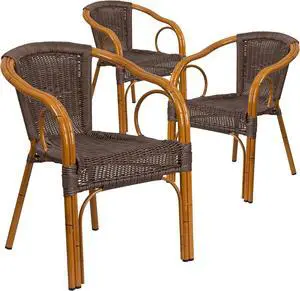Flash Furniture Cadiz Series Bamboo Patio Chair Dark Brown Rattan/Red Bamboo-Aluminum Frame 3 Pack (3SDAAD632009D2)