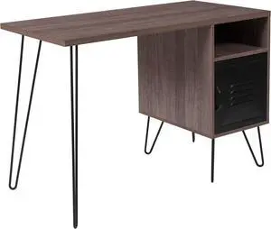 Woodridge Collection Rustic Wood Grain Finish Computer Desk with Metal Cabinet Door and Black Metal Legs