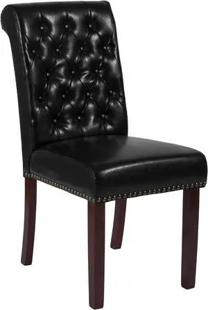 HERCULES Series Black Leather Parsons Chair with Rolled Back, Accent Nail Trim and Walnut Finish