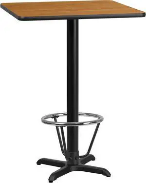 30'' Square Natural Laminate Table Top with 22'' x 22'' Bar Height Table Base and Foot Ring