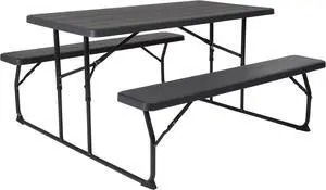 Insta-Fold Charcoal Wood Grain Folding Picnic Table and Benches