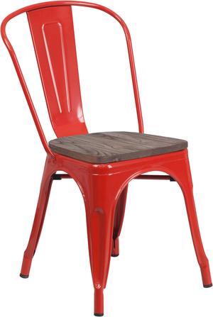 Red Metal Stackable Chair with Wood Seat