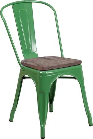 Green Metal Stackable Chair with Wood Seat