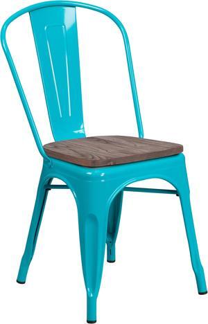 Crystal Teal-Blue Metal Stackable Chair with Wood Seat