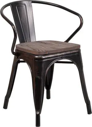 Black-Antique Gold Metal Chair with Wood Seat and Arms