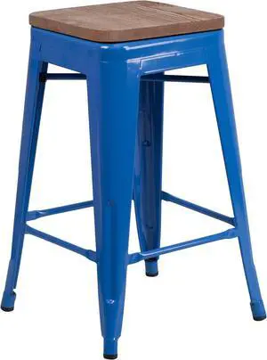 24" High Backless Blue Metal Counter Height Stool with Square Wood Seat 24" High Backless Blue Metal Counter Height Stool with Square Wood Seat