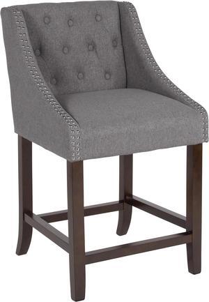 Carmel Series 24" High Transitional Tufted Walnut Counter Height Stool with Accent Nail Trim in Dark Gray Fabric