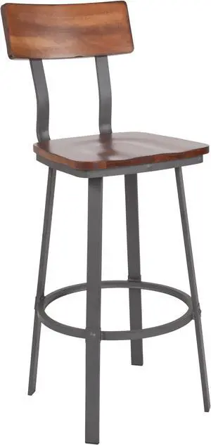 Flint Series Rustic Walnut Restaurant Barstool with Wood Seat & Back and Gray Powder Coat Frame Flint Series Rustic Walnut Restaurant Barstool with Wood Seat & Back and Gray Powder Coat Frame