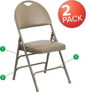 2 Pk. HERCULES Series Ultra-Premium Triple Braced Beige Vinyl Metal Folding Chair with Easy-Carry Handle