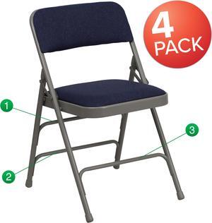 4 Pk. HERCULES Series Curved Triple Braced & Double Hinged Navy Fabric Metal Folding Chair
