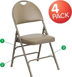 4 Pk. HERCULES Series Ultra-Premium Triple Braced Beige Vinyl Metal Folding Chair with Easy-Carry Handle