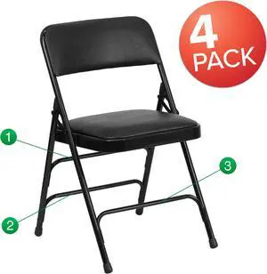 4 Pk. HERCULES Series Curved Triple Braced & Double Hinged Black Vinyl Metal Folding Chair