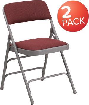 2 Pk. HERCULES Series Curved Triple Braced & Double Hinged Burgundy Patterned Fabric Metal Folding Chair