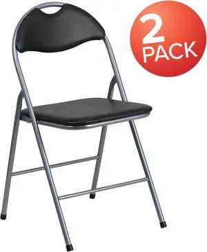 2 Pack HERCULES Series Black Vinyl Metal Folding Chair with Carrying Handle