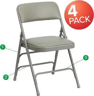 4 Pk. HERCULES Series Curved Triple Braced & Double Hinged Gray Vinyl Metal Folding Chair