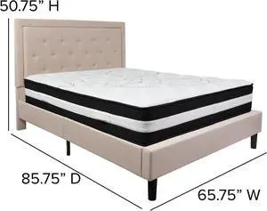 Roxbury Queen Size Tufted Upholstered Platform Bed in Beige Fabric with Pocket Spring Mattress