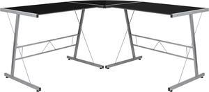Black Glass L-Shape Corner Computer Desk with Silver Metal Frame