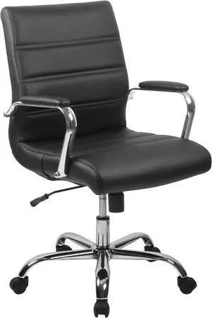 Mid-Back Black Leather Executive Swivel Chair with Chrome Base and Arms