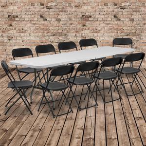 8' Bi-Fold Granite White Plastic Event/Training Folding Table Set with 10 Folding Chairs