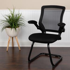 Black Mesh Sled Base Side Reception Chair with Flip-Up Arms