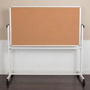 HERCULES Series 62.5"W x 62.25"H Reversible Mobile Cork Bulletin Board and White Board with Pen Tray