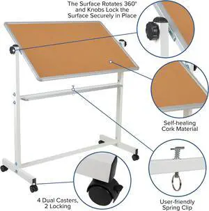 HERCULES Series 53"W x 59"H Reversible Mobile Cork Bulletin Board and White Board with Pen Tray