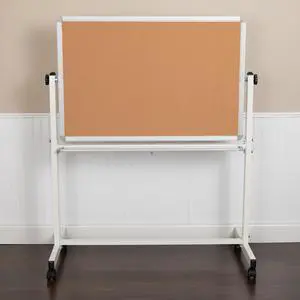 HERCULES Series 45.25"W x 54.75"H Reversible Mobile Cork Bulletin Board and White Board with Pen Tray