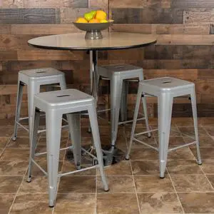 24" High Metal Counter-Height, Indoor Bar Stool in Silver - Stackable Set of 4