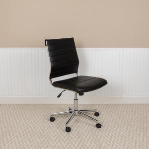 Mid-Back Armless Black LeatherSoft Contemporary Ribbed Executive Swivel Office Chair