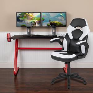 Red Gaming Desk and White/Black Racing Chair Set with Cup Holder and Headphone Hook