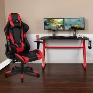 Red Gaming Desk and Red/Black Reclining Gaming Chair Set with Cup Holder and Headphone Hook