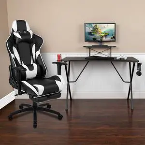 Black Gaming Desk and Black Footrest Reclining Gaming Chair Set with Cup Holder, Headphone Hook, and Monitor/Smartphone Stand