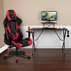 Black Gaming Desk and Red/Black Reclining Gaming Chair Set with Cup Holder, Headphone Hook, and Monitor/Smartphone Stand