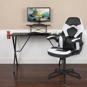 Black Gaming Desk and White/Black Racing Chair Set with Cup Holder, Headphone Hook, and Monitor/Smartphone Stand