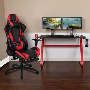 Red Gaming Desk and Red/Black Footrest Reclining Gaming Chair Set with Cup Holder and Headphone Hook
