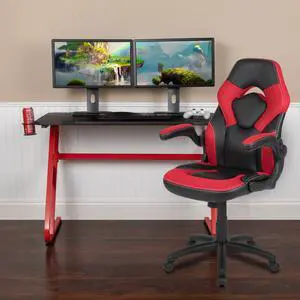 Red Gaming Desk and Red/Black Racing Chair Set with Cup Holder and Headphone Hook