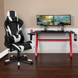 Red Gaming Desk and Black Reclining Gaming Chair Set with Cup Holder and Headphone Hook