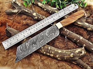 12 Inches long custom made Damascus steel full tang butcher Knife 7" full tang blade blade Natural Kow wood scale with brass bolster
