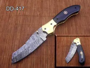 8" Tanto blade folding knife, Natural Ram horn scale, Hand forged Twist Pattern Damascus steel, Equipped with Thumb pin & liner lock, Cow hide Leather sheath included (Camel Bone) Black
