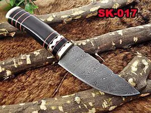 9.5" Long Damascus steel Skinning Knife hand forged Twist pattern Damascus steel, Bull horn round scale crafted with engraved brass spacer & cap, thick Cow hide leather sheath Black