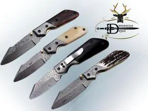7.5" long Damascus steel Folding Knife with pocket clip, Available in Red Blue, Black & white colors scales with Damascus bolster, custom made 3" Hand Forged blade,  cow hide leather sheath