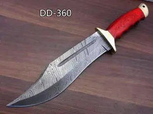 13 Inches long Damascus steel custom made hunting Bowie Knife, Red wood scale with brass finger guard and cap cow hide leather sheath Red