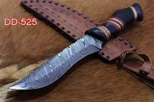 13" Long hand forged Damascus steel skinning knife, Engraved Bull Horn scale crafted with engraved brass & Camel bone spacer hunting knife, Cow Leather sheath with belt loop Black