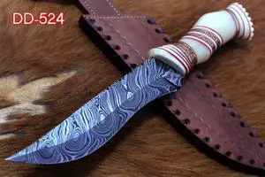 13" Long hand forged Damascus steel skinning knife, Engraved Camel bone scale crafted with engraved brass & Camel bone spacer hunting knife, Cow Leather sheath with belt loop White