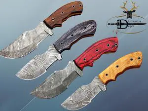 10" Long hand forged twist pattern full tang hand forged Damascus steel tracker knife, dollar wood with holes scale, Cow hide leather sheath